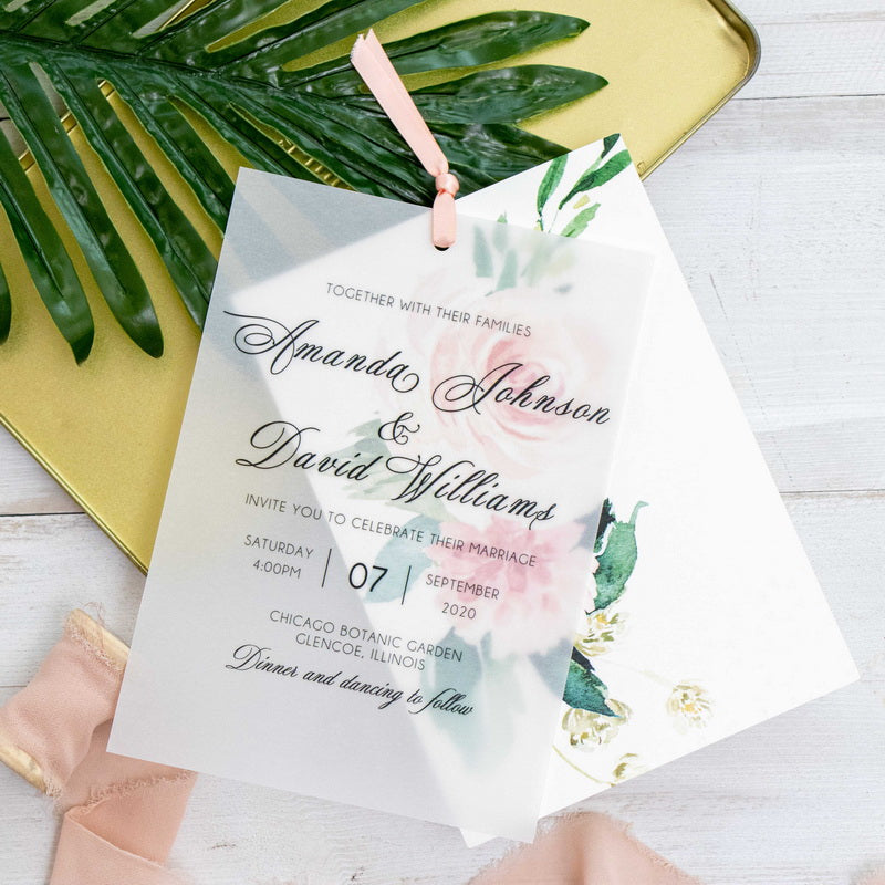 Pink Floral Vellum Invitation with Ribbon